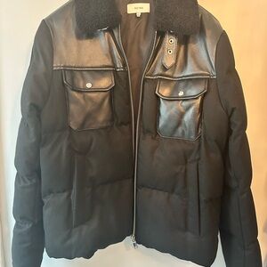 Reiss Black Leather-Trim Puffer Jacket